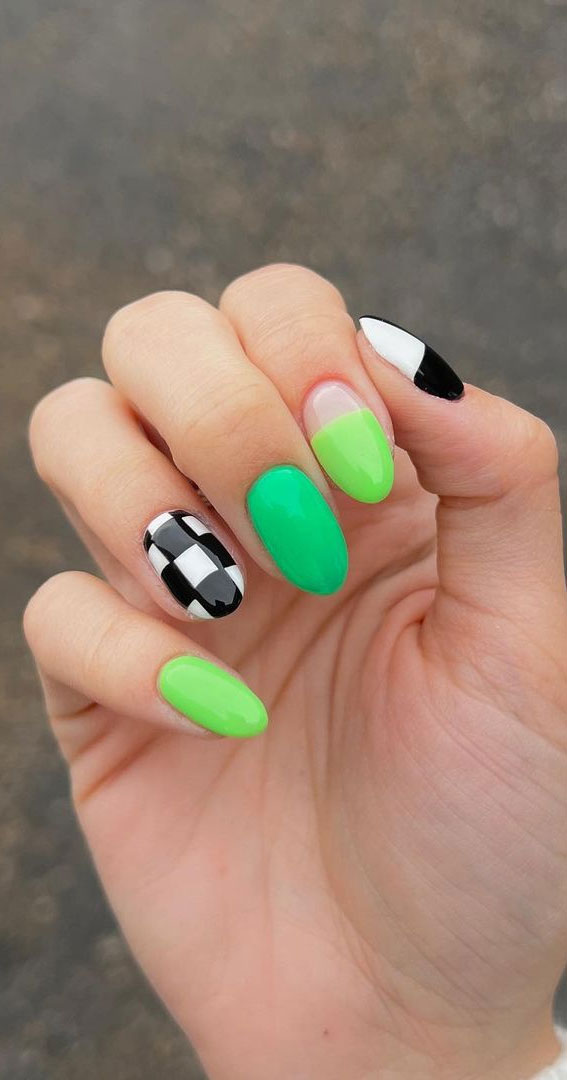 50+ Cute Summer Nail Designs : Shades of Green & Black Checker Board