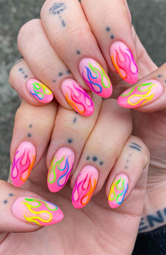 50+ Cute Summer Nail Designs : Pink + Colourful Gradient Flame Tips