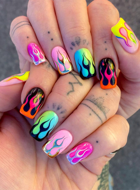 50+ Cute Summer Nail Designs : Colourful Flame Hot Summer Nails
