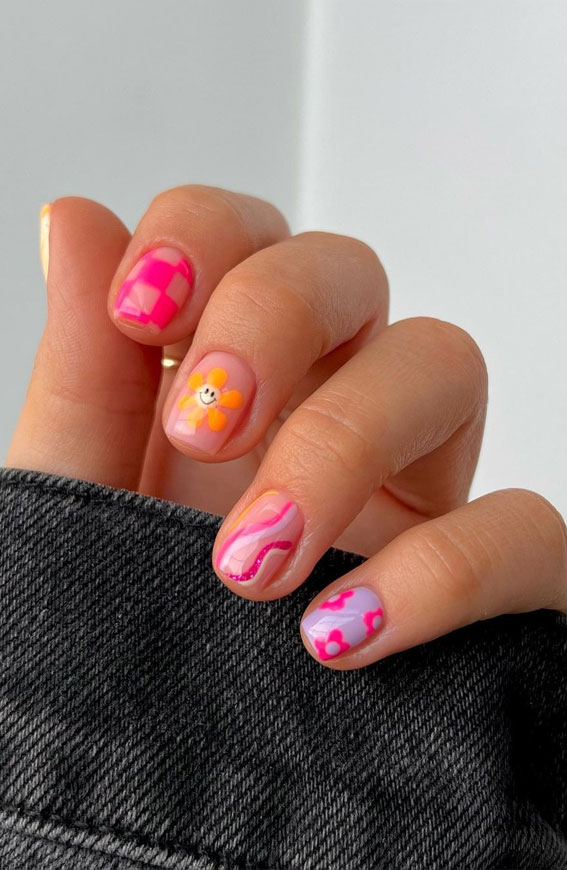 50+ Cute Summer Nail Designs : Orange Flower + Pink Checker Board
