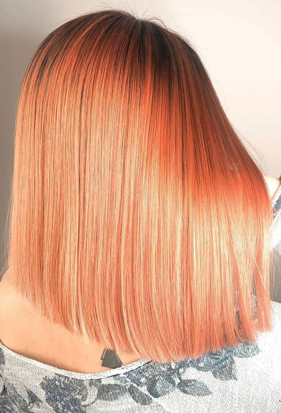 25 Peach Hair Colour Ideas That’re Perfect For Summer : Dark Root Peach Lob