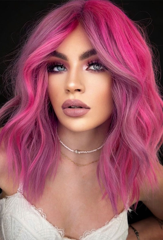 34 Pink Hair Colours That Gives Playful Vibe : Pink Magenta Lob