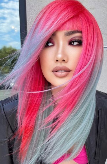 34 Pink Hair Colours That Gives Playful Vibe : Bright Pink & Mint Grey