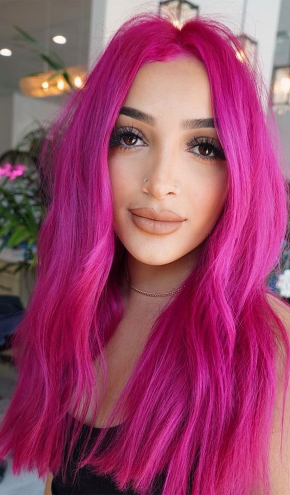 34 Pink Hair Colours That Gives Playful Vibe : Magenta Pink Middle Part ...
