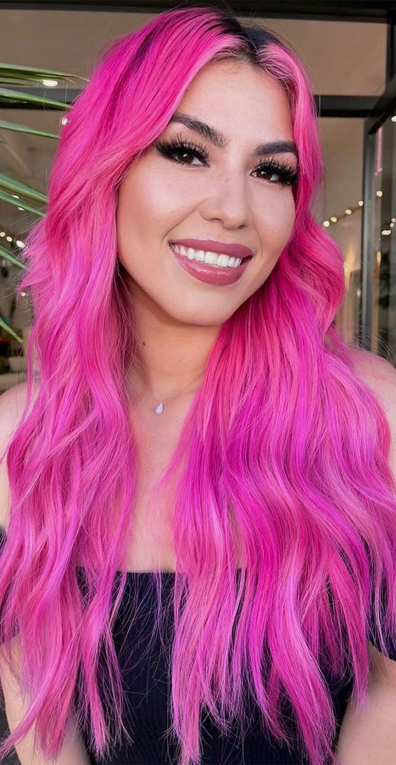 34 Pink Hair Colours That Gives Playful Vibe : Fuchsia Pink Long Hair