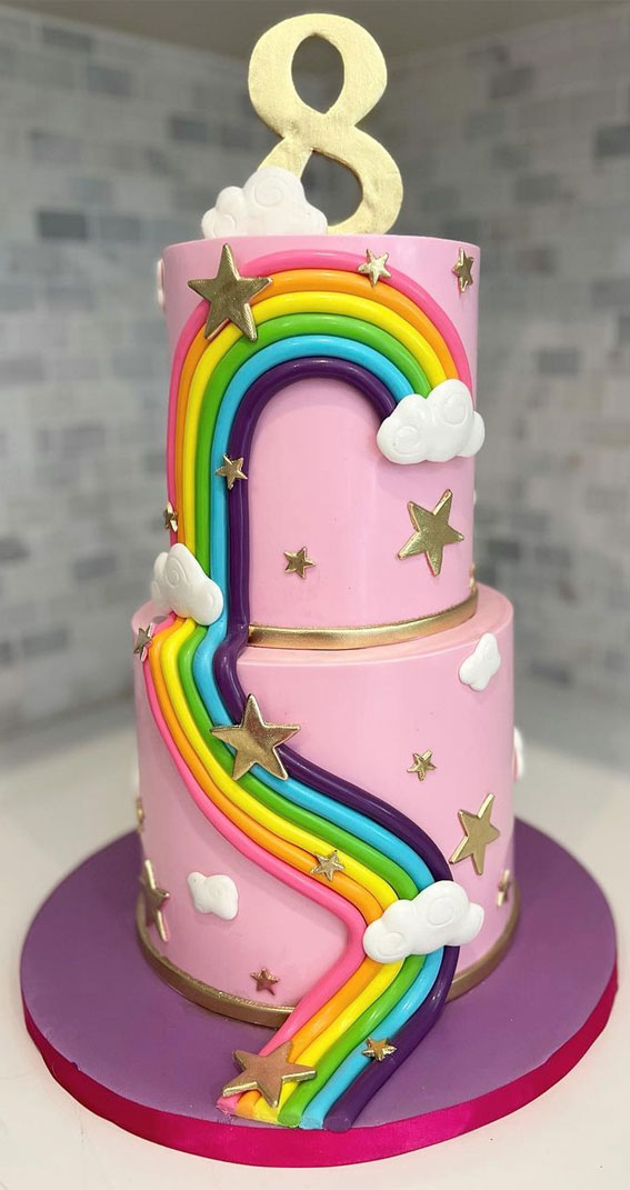 Premium Photo | Colorful birthday cake. rainbow cake with pastel colored  balloons. birthday celebration.