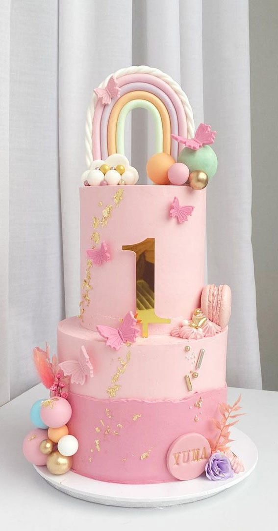 Cute Rainbow Cake Ideas For You Colourful Dessert : Pink Two-Tiered Cake Topped with Rainbow