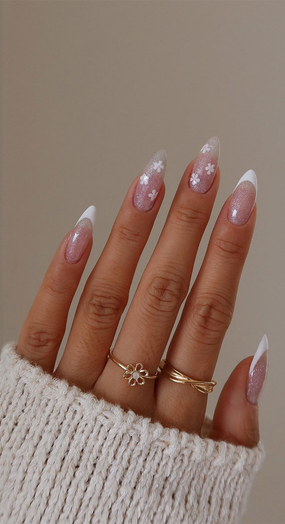 35 Aesthetic Retro Nail Designs For A Spring Mani : White Floral & White Tips Sheer Nails