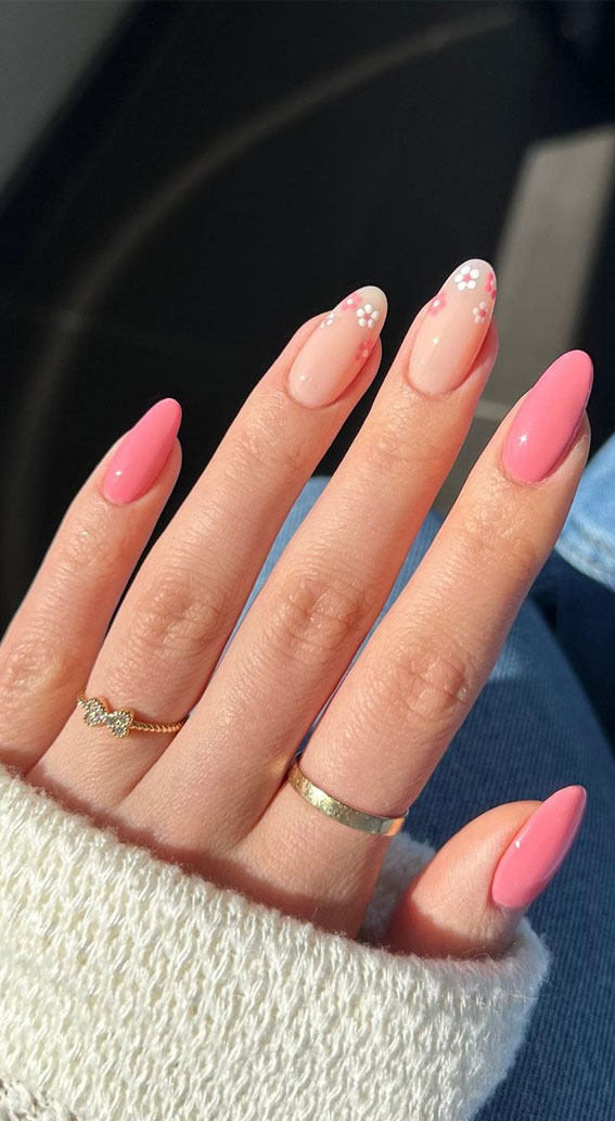 35 Aesthetic Retro Nail Designs For A Spring Mani : Rosy Pink Flower Tips