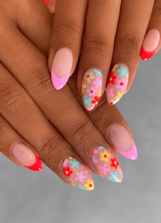 35 Aesthetic Retro Nail Designs For A Spring Mani : Flower + Neon Tips