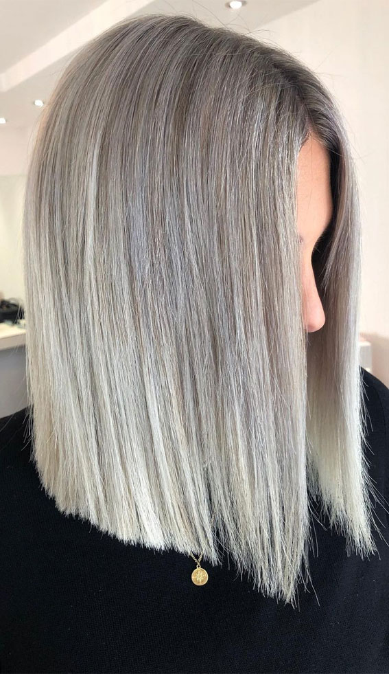 35 Cute Summer Hair Colours & Hairstyles : Silver Ashy Blonde Lob Cut