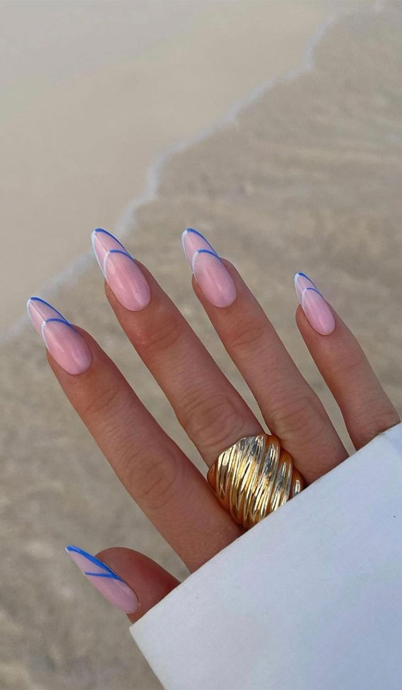 50+ Cute Summer Nail Designs : Ombre Blue Double French Tips