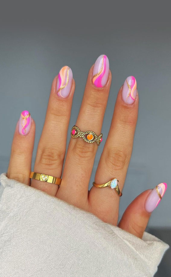 50+ Cute Summer Nail Designs : Gold, Peach & Pink Swirl Nails