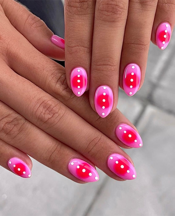 50+ Cute Summer Nail Designs : Pink and Red Aura with White Dots