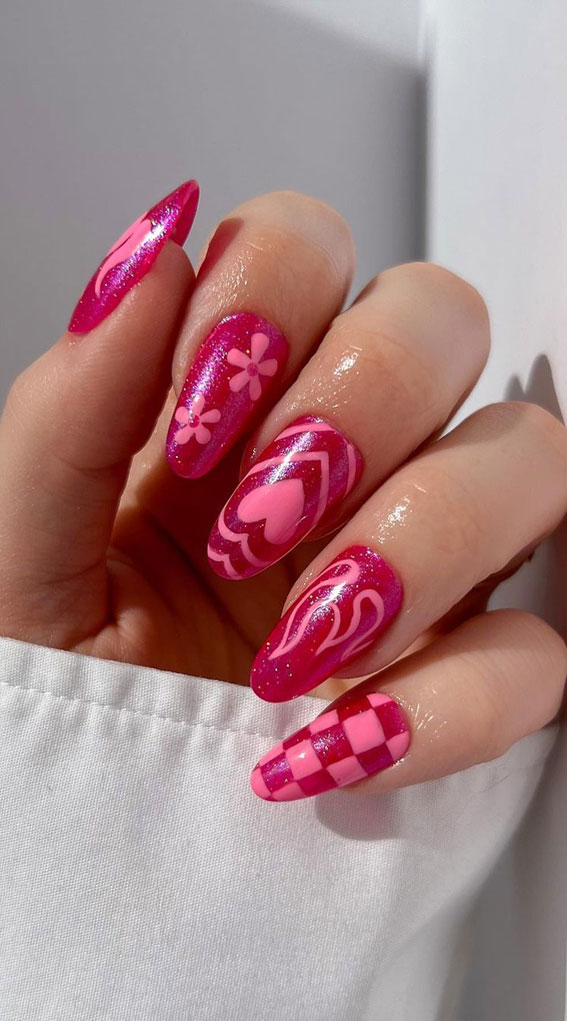 50+ Cute Summer Nail Designs : Funky Pink Designs on Deep Shimmery Pink
