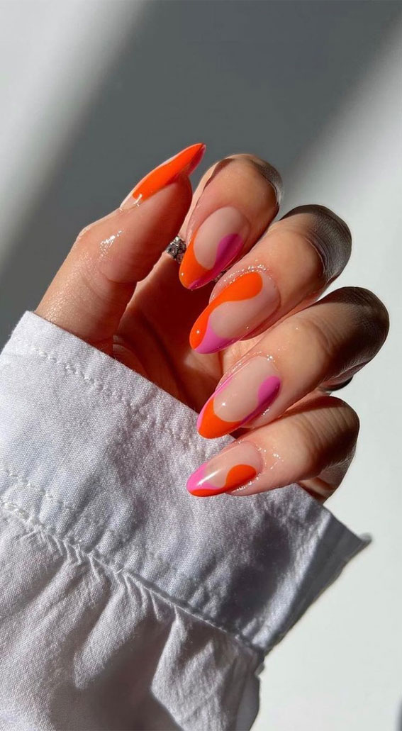50+ Cute Summer Nail Designs : Pink and Orange Abstract Tips