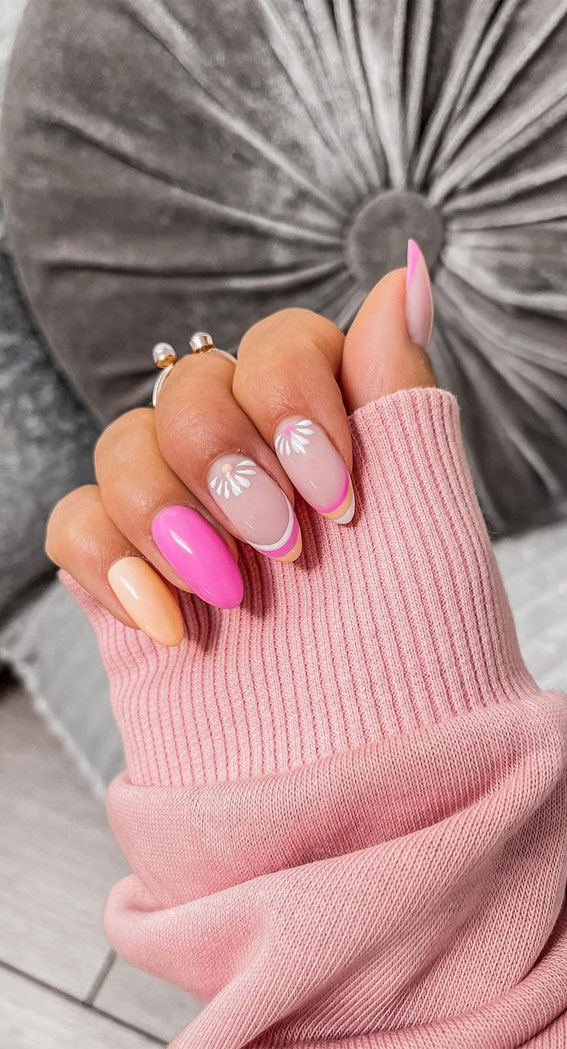 50+ Cute Summer Nail Designs : Peach & Pink French + Flower