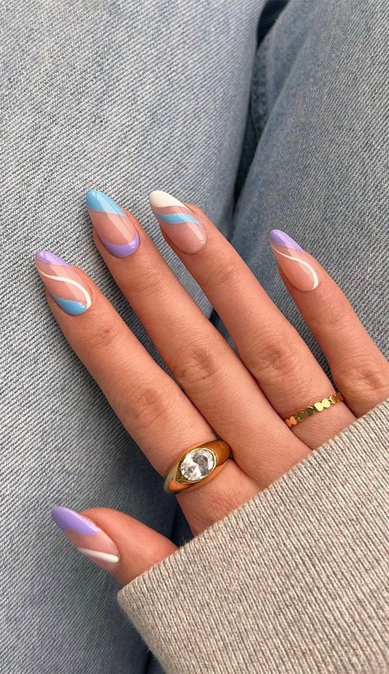 50+ Cute Summer Nail Designs : Blue, Lilac and White Swirl