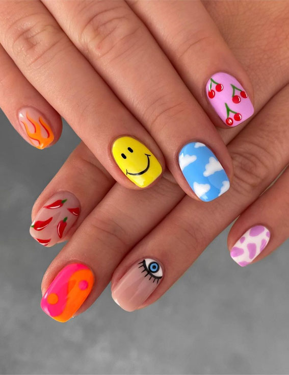 50+ Cute Summer Nail Designs : Pick n Mix Cherry, Flame & Smiley Face