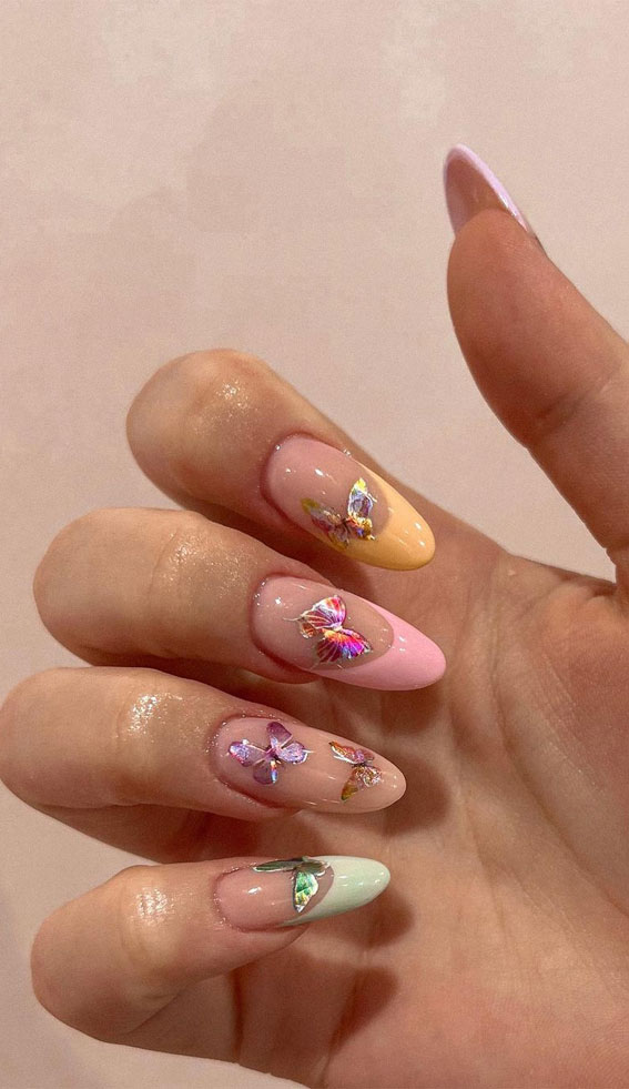 50+ Cute Summer Nail Designs : Pastel French Tips + Chrome Butterflies