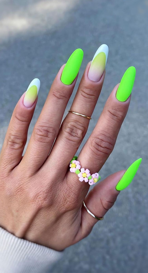 50+ Cute Summer Nail Designs : Neon Green White Tips