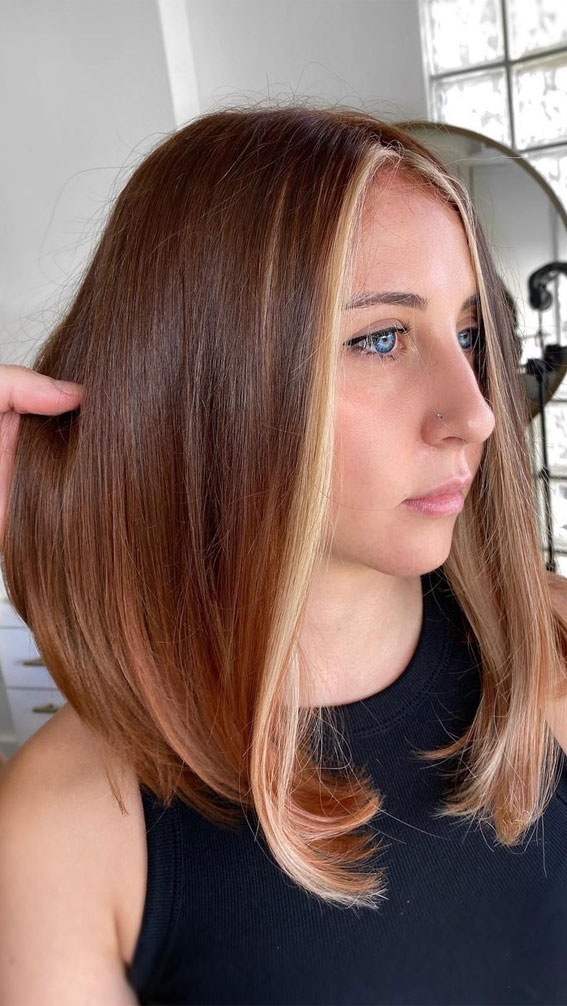 Empowering Hair Colour Ideas for All Ages : Brown Copper + Blonde Money Piece