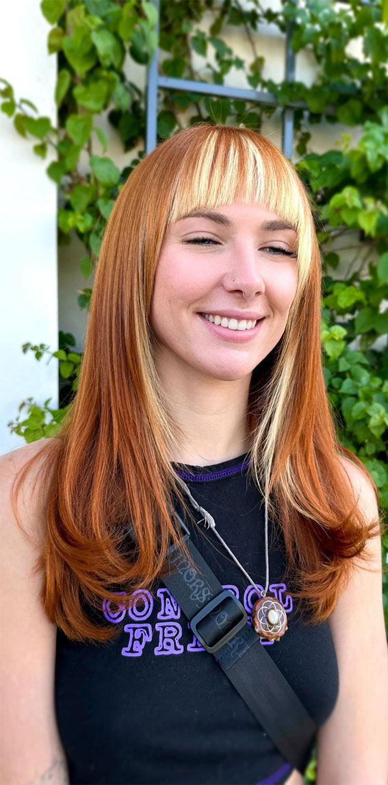 Empowering Hair Colour Ideas for All Ages : Blonde Bang Money Piece Copper Hair