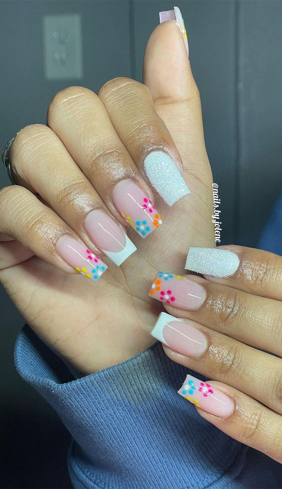 20 Celebrate Summer with Fiesta-inspired Nail Art Designs : White French + Colourful Flowers