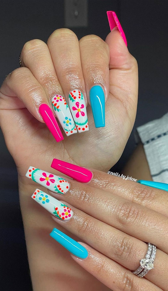 20 Celebrate Summer with Fiesta-inspired Nail Art Designs : Blue and Pink Fiesta Nails