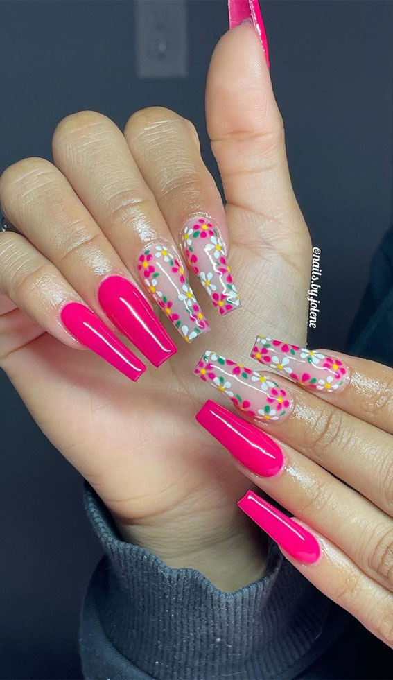 20 Celebrate Summer with Fiesta-inspired Nail Art Designs : Floral + Bright Pink Nails