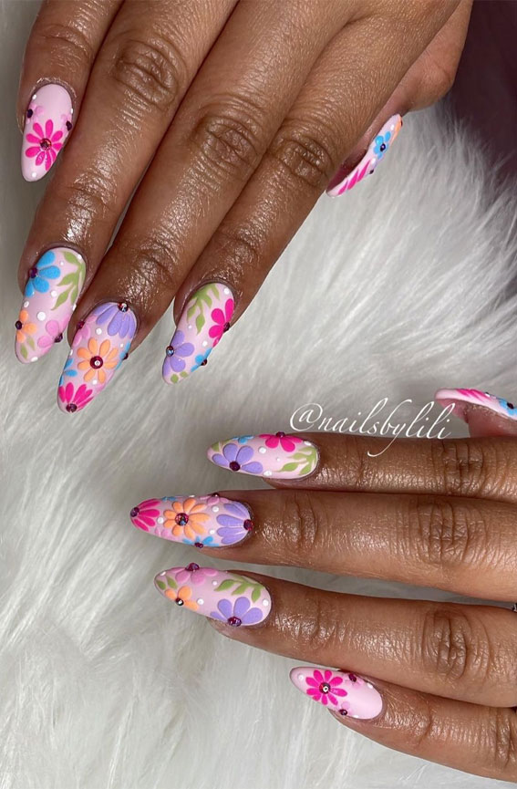 20 Celebrate Summer with Fiesta-inspired Nail Art Designs : Textured Floral Matte Nails