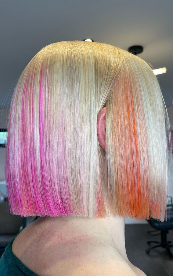 Empowering Hair Colour Ideas for All Ages : Blonde, Pink & Orange Sharp Bob