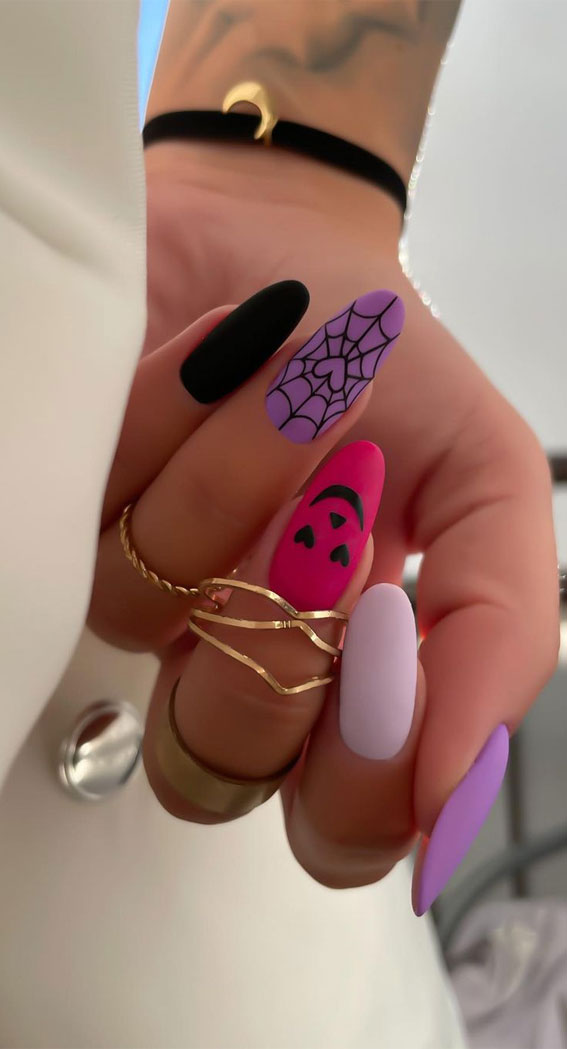 30 Spooktacular Halloween Nail Designs : Black, Pink & Purple Matte Nails