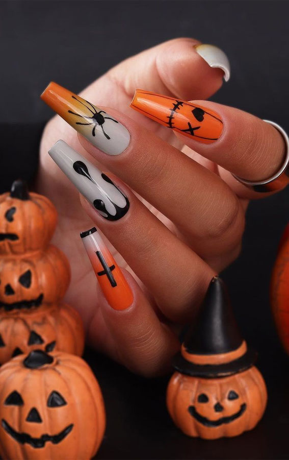 30 Spooktacular Halloween Nail Designs : Black and Orange Acrylic Nails