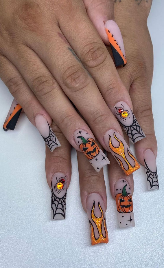 30 Spooktacular Halloween Nail Designs : Spider Web + Spooky Pumpkin Nails