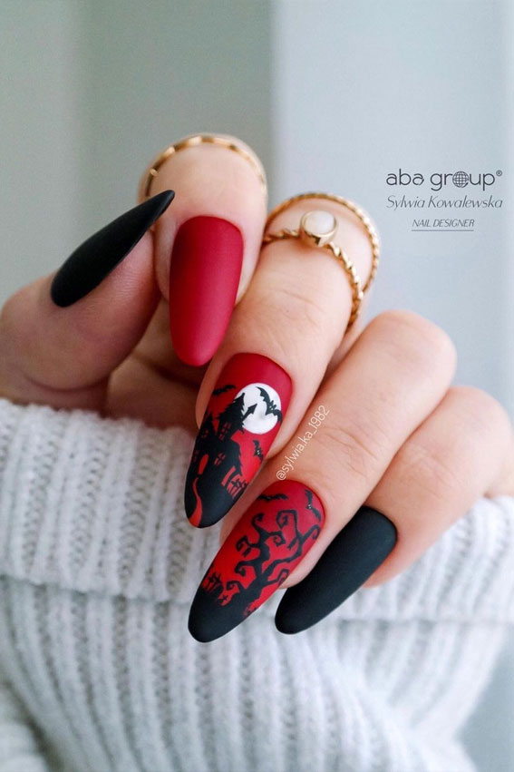 30 Spooktacular Halloween Nail Designs : Matte Black and Red Nails