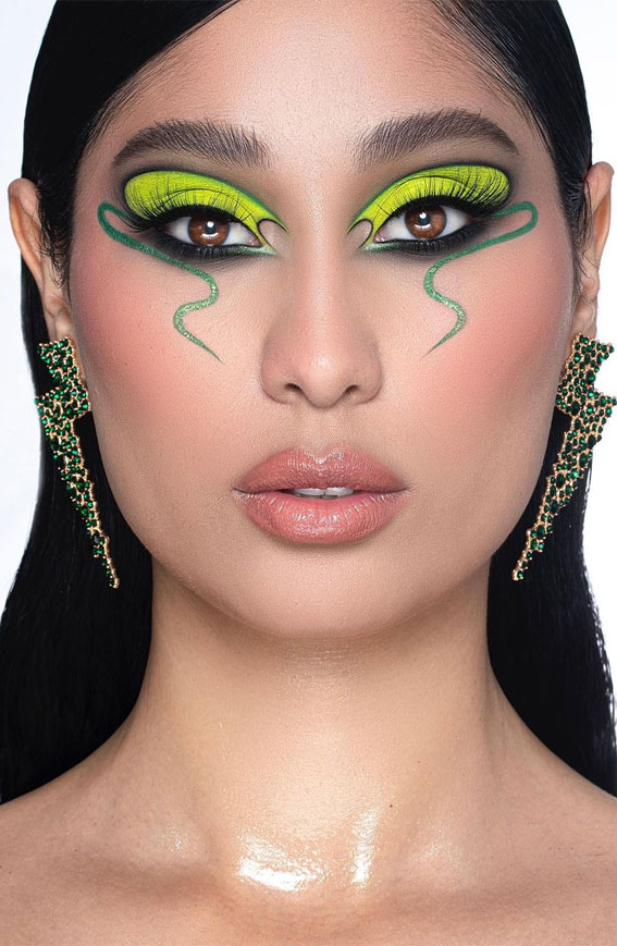 Bold and Bright Summer Makeup Vibrant & Daring : Interesting Neon Green Graphic Lines