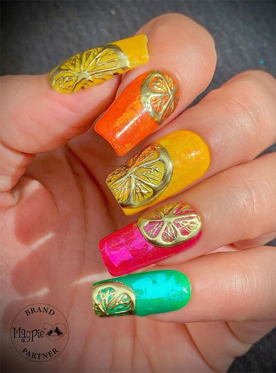 Refreshing Nail Art Inspired by Zesty Summertime Citrus Fruit : Gold Citrus Chrome Bright Nails