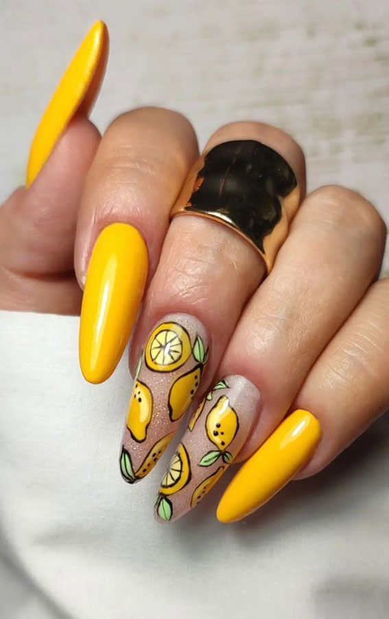 Refreshing Nail Art Inspired by Zesty Summertime Citrus Fruit : Lemon Bright Yellow Almond Nails