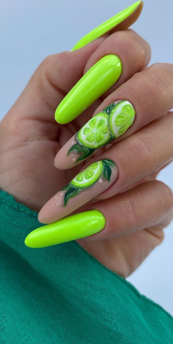 Refreshing Nail Art Inspired by Zesty Summertime Citrus Fruit : Lime Green Long Nails