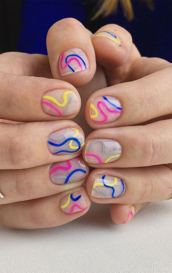 Dive Into Summer With Vibrant Nail Art Designs : Blue, Pink and Yellow Swirl Clear Nails