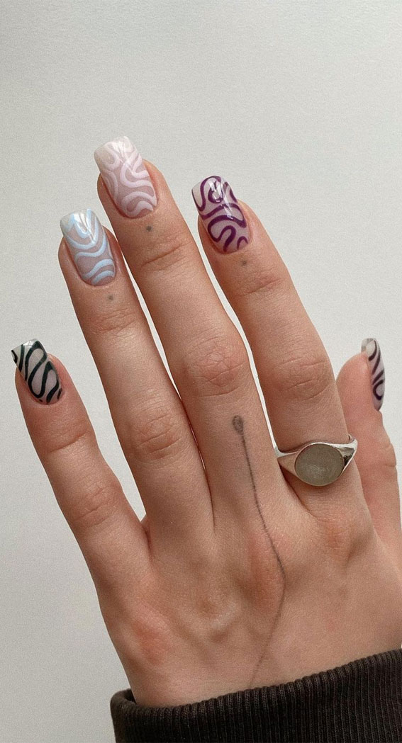 Dive Into Summer With Vibrant Nail Art Designs : Different Colours Swirl Sheer Short Nails