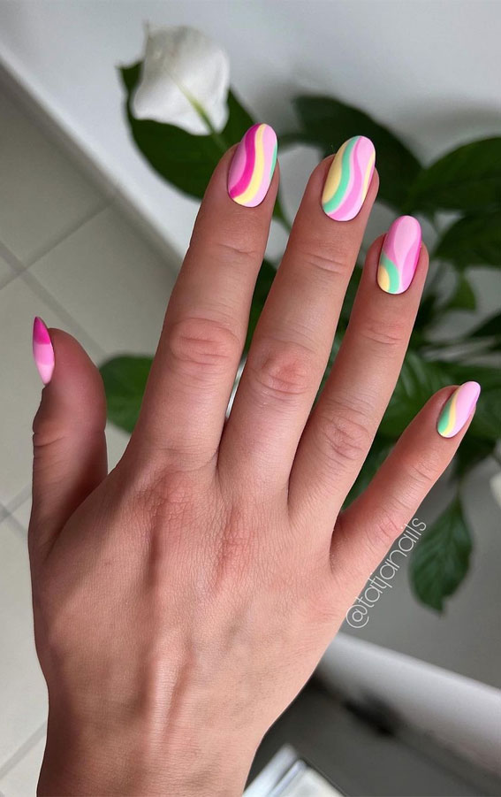 Dive Into Summer With Vibrant Nail Art Designs : Pastel Swirl Matte Oval Nails