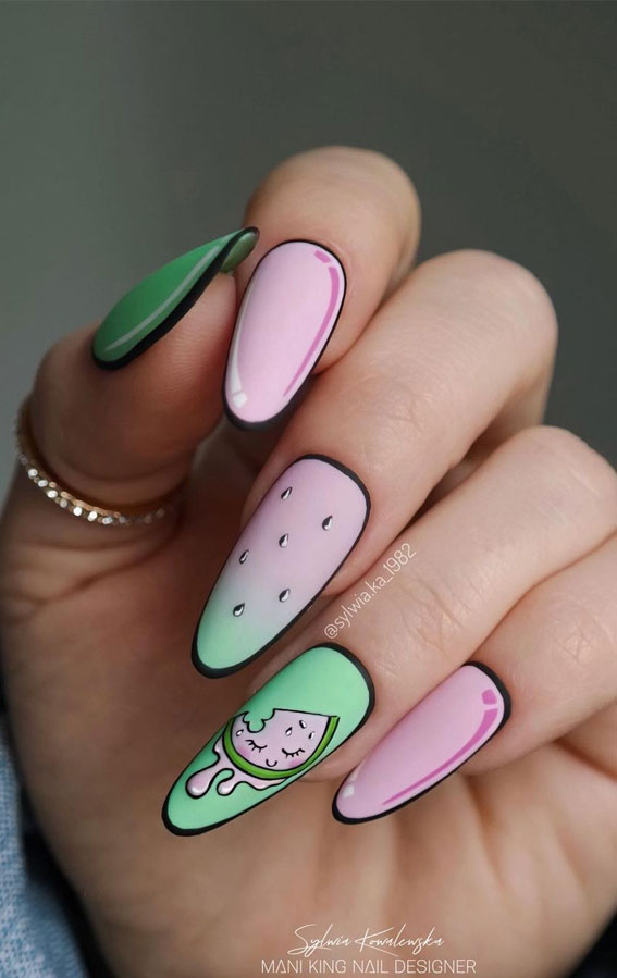 watermelon nails, vibrant nails, summer nails, bright nails, summer nail art, summer nail inspo, summer nail designs, colorful nails, pick n mix nails, almond nails, acrylic nails