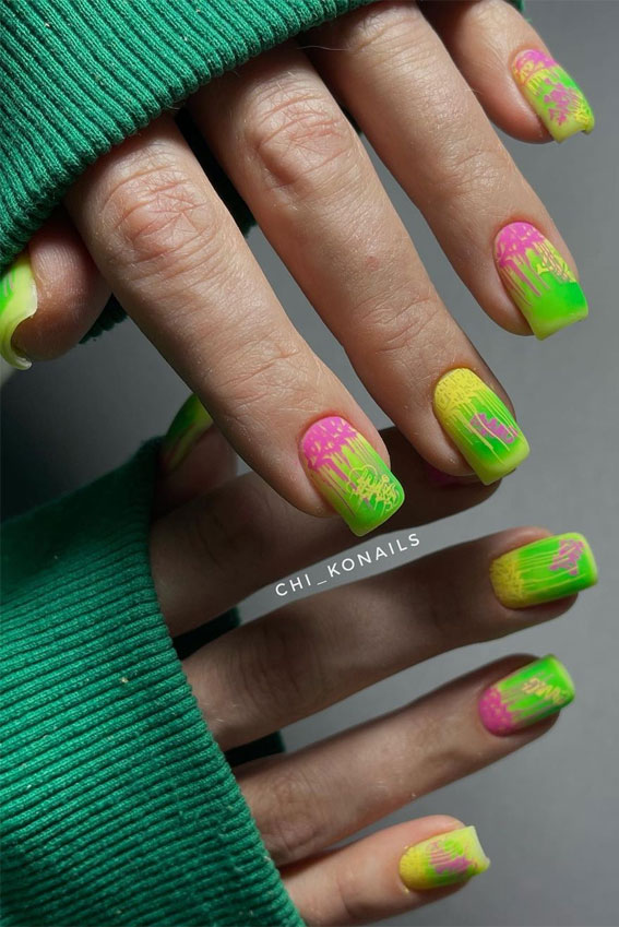 Dive into Summer with Vibrant Nail Art Designs : Neon Green & Pink Drips