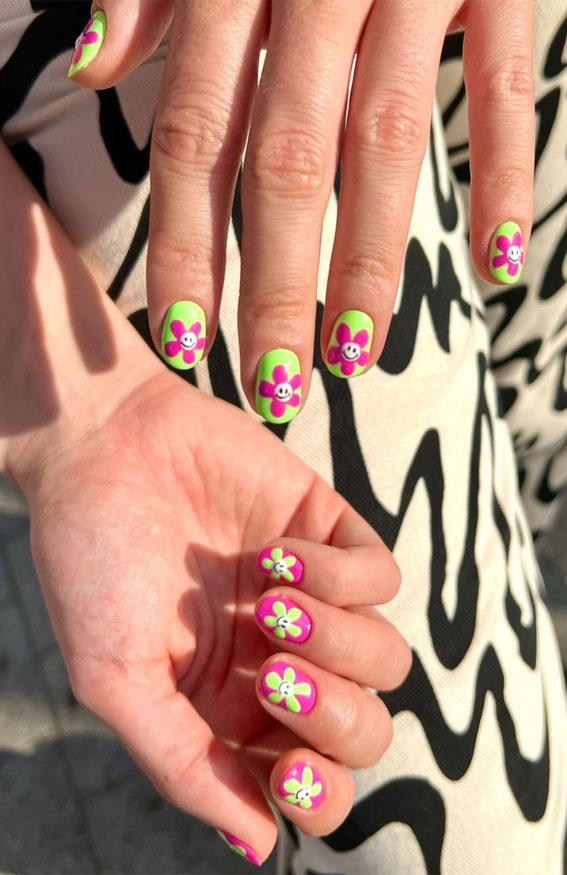 Dive into Summer with Vibrant Nail Art Designs : Neon Green & Magenta Flowers