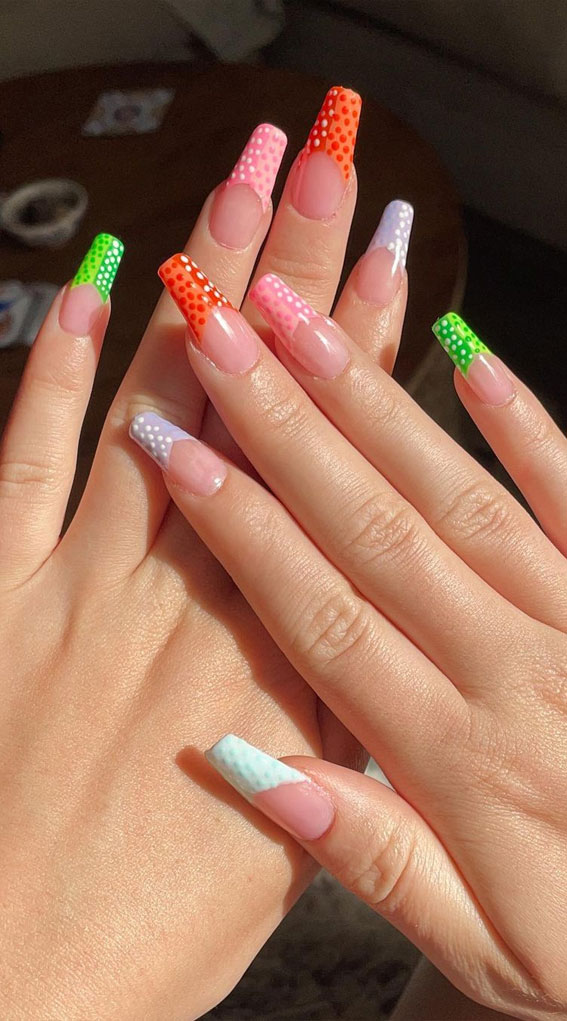 Dive into Summer with Vibrant Nail Art Designs : Bright Polka Dot French Tips
