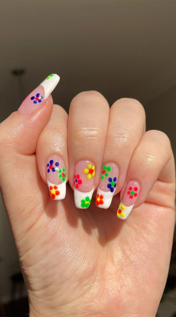 Dive into Summer with Vibrant Nail Art Designs : Bright Floral White Tips