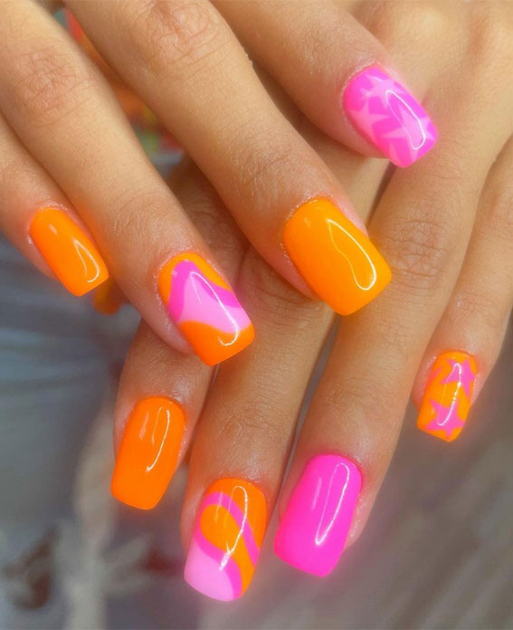 Dive into Summer with Vibrant Nail Art Designs : Pink & Orange Square Nails