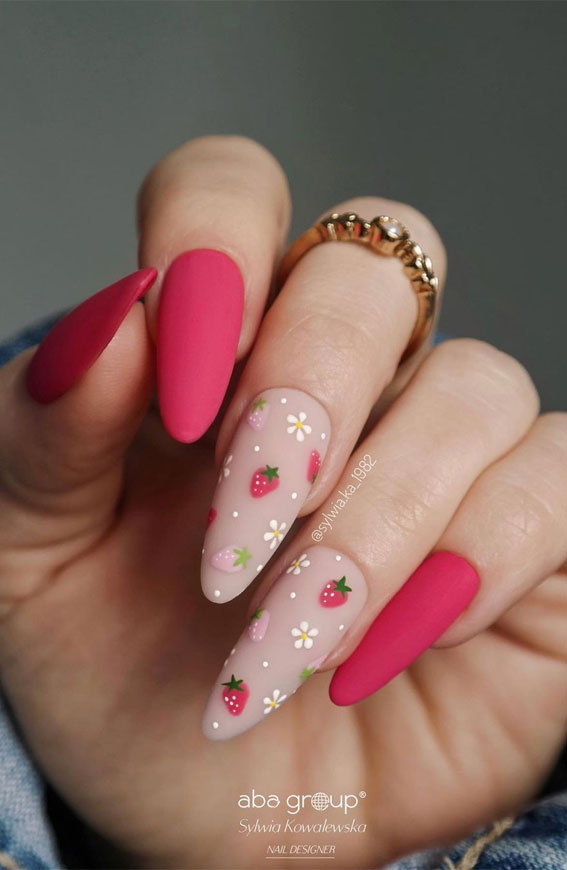 Dive into Summer with Vibrant Nail Art Designs : Dark Pink + Strawberry Matte Nails